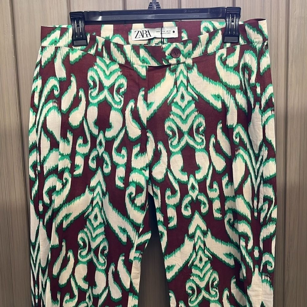Zara Geometric Ikat Print Cotton Pants Straight Leg M Artsy Boho Psychedelic - Picture 5 of 12